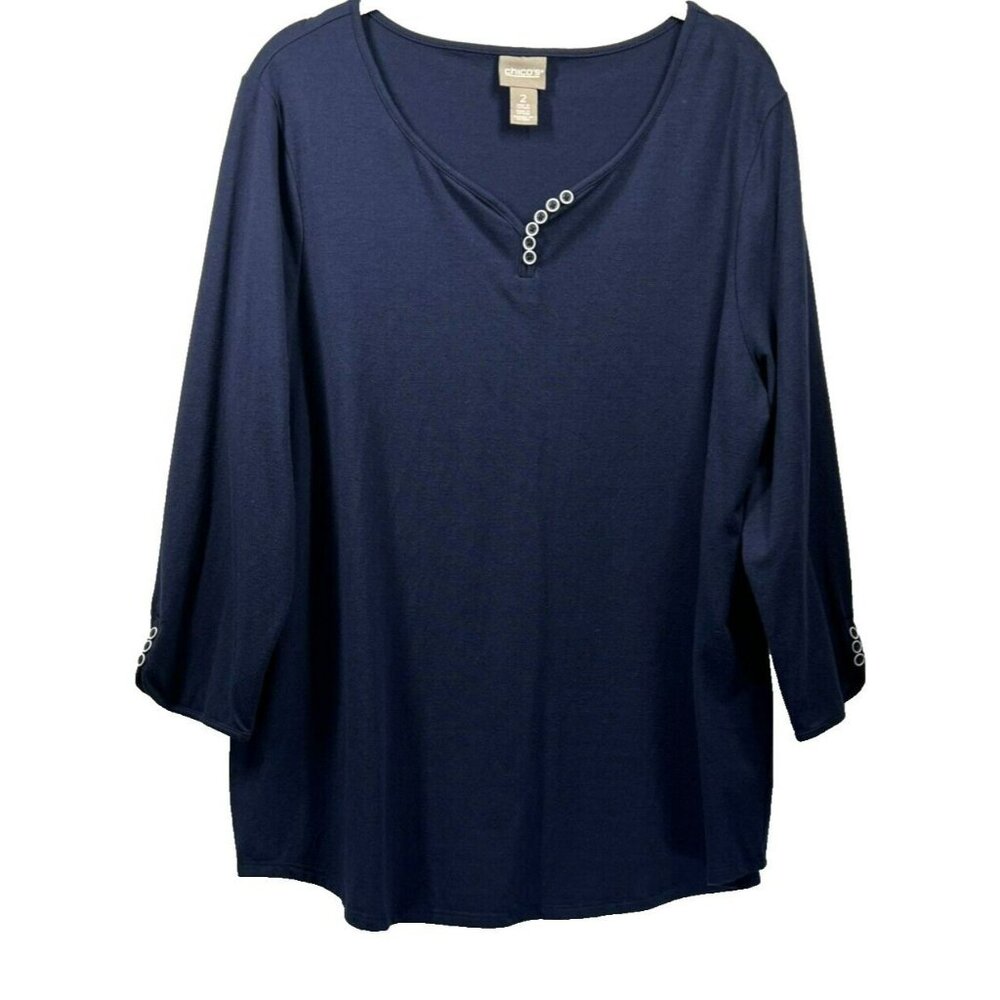 Chicos Women's Top Large Navy Blue‎ Button Accents 3/4 Sleeve Stretch Pullover